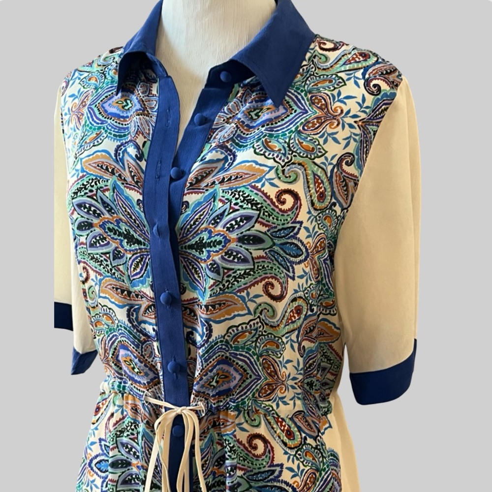 Johnny Was Cream and Blue High-Low Button-Front Midi Dress Size Small - Picture 6 of 16